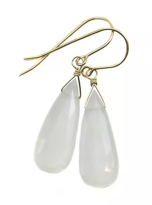 Moonstone Earrings White Faceted Long Teardrops Sterling 14k Solid Yellow Gold • $75