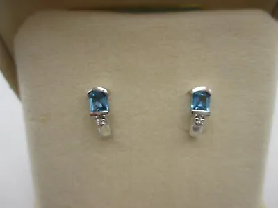 VTG Van Dell Solid 14k White Gold Blue Topaz & Tiny Diamond Pierced Earrings NIB • $125