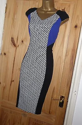 Blue Black Smart Fitted Galaxy Pencil Wiggle Shift Office Work Dress Size 14 • £23