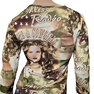 Vintage 90s Y2K Rodeo Cowboy Cowgirl Top All Over Print Womens M V Neck • $25.44