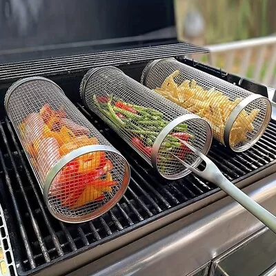 BBQ Basket Stainless Steel Rolling Grilling Basket Wire Mesh Cylinder Grill Bask • $18.99