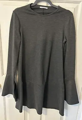 Zara Trafaluc Size Medium Dress Tunic Gray Drop Waist Peplum Flared Sleeve NWOT • $12.95