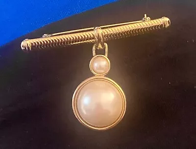 Vintage Richelieu Dangling Pearl Bar Pin Brooch Gold Tone Excellent • $35