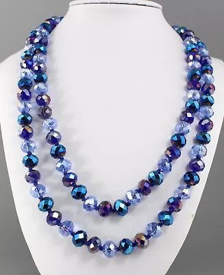 Vintage 70’s Blue Ab Aurora Borealis Crystal Glass Bead Long Necklace • $18.99