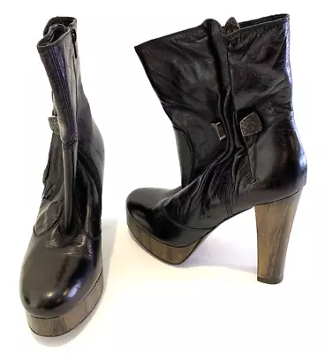 Miss Sixty Platform Heel Black Leather Mid Calf Boots 38/7.5 Vero Cuoio Italy • $80