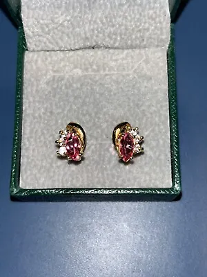 Vintage Pink Rose Stone Earrings Gold Tone • $14.39