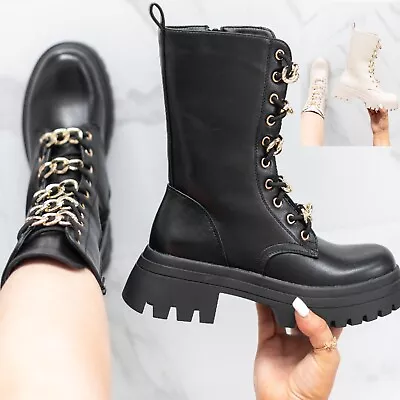 £19.99 • Buy Ladies Sole Platform Fashion Chain Womens Chelsea Chunky Boots Ankle Flat Zip Sz