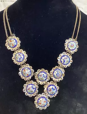 Antique Persian Enamel Double Chain  Silver Festoon 10 Panel Mina Kari Necklace • $125