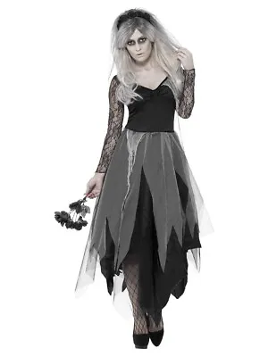 Large Black Graveyard Bride Ladies Women Adult Halloween Costume Fancy Dress Par • £19.95