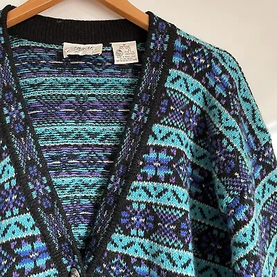 Vintage Knitted Cardigan Fair Isle Nordic Funky Patterned Purple Wool Size M • £25