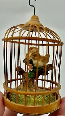 Vintage Enesco Decorative Bamboo Hanging Bird Cage With 2 Ceramic Birds Small • $39.99