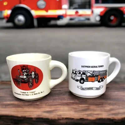 Vintage Firetruck Mugs Firefighter Firehouse Maryland WC Bunting Baltimore • $17.49