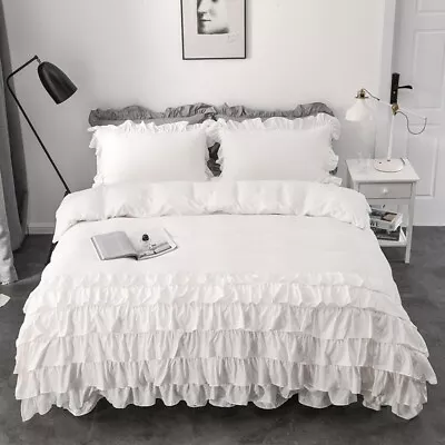 Solid White Floral Ruffled Duvet Doona Quilt Cover Sets Queen King Size Bed AU • $37.69