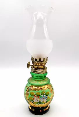 VTG Green Glass Miniature Oil Lamp Hand Painted Enamel Floral Dabs Japan? 8.25  • $16.96