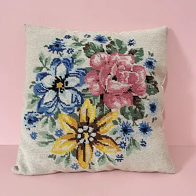 Vintage Needlepoint Tapestry Cushion Floral Roses Cotton Backed Pink Blue Yellow • £19.95