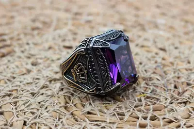 Solid 925 Sterling Pure Silver Natural Purple Amethyst Gemstone Mens Unisex Ring • $66.85