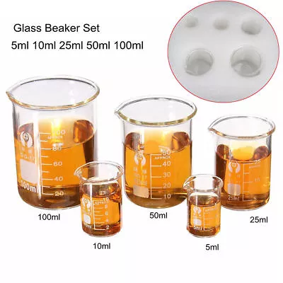 5pcs/Set Clear Glass Beaker Chemistry Laboratory Borosilicate Measuring Cylinder • £8.63