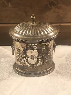 Vintage  Silver Plated Oval Covered Canister Biscuit Box Etched & Monogram  W  • $50