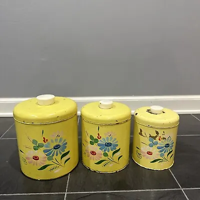 1950s RANSBURG  Canisters Set Of 3 Vintage Metal Kitchen Yellow Daisies Floral • $25.74