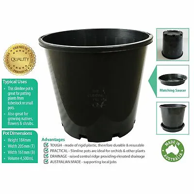 $47.90 • Buy 200mm Slimline BLACK Plastic Pots With Saucers. For Potting Plants Orchids Trees
