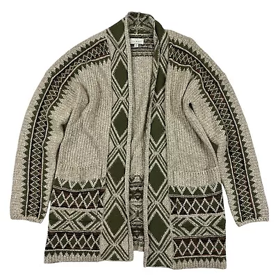 Lucky Brand Green Beige Tribal Print Cardigan Sweater Knit Pockets Open Front M • $18.19