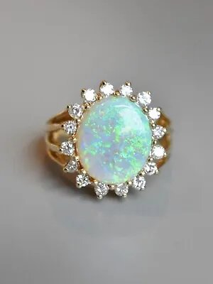 Vintage 14K Gold Opal Diamond Halo Ring SZ 7 • $2500