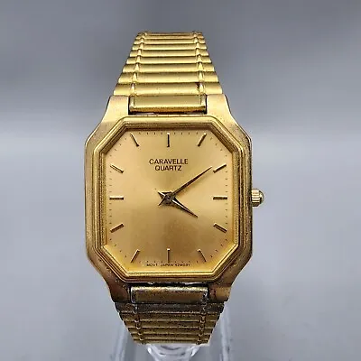 VTG Bulova Caravelle Watch Men Gold Tone Gold Dial 27mm Octagon New Battery • $35.99