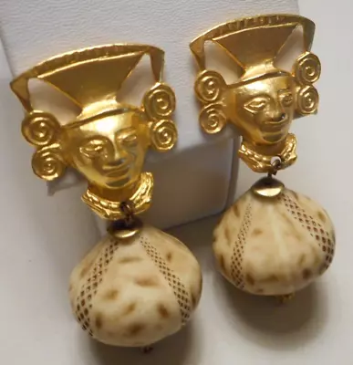 Vintage Les Bernard Ethnic Mayan Gold-tone Deity & Bead Drop Clip Earrings • $199.99