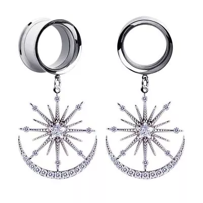 Pair Moon And Star Ear Gauges Plugs Tunnels Crystal Piercings Body Jewelry • $16.37