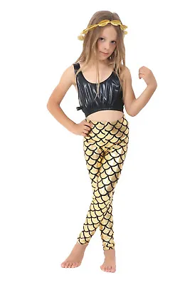 GIRLS METALLIC FISH SCALE LEGGINGS MERMAID KIDS SHINY FOIL CHILDRENS Gold 5-13 • £6.99