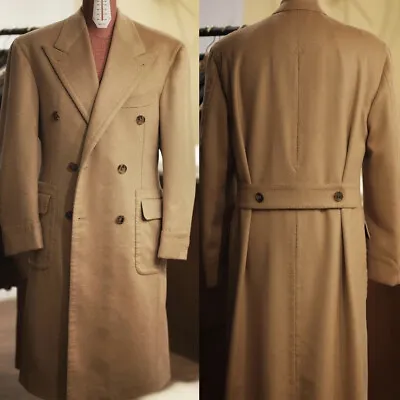 100% Brown Cashmere Men's Long Overcoat With Belt Double Breasted Formal Coats • $69.12