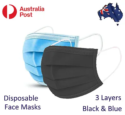 50Pcs Disposable Face Mask Protective Masks 3 Layer Meltblown Filter-BLACK BLUE • $13.95
