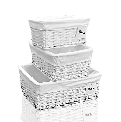 £11.90 • Buy Wicker Storage Hamper Basket White With Cloth Lining Set Of 3
