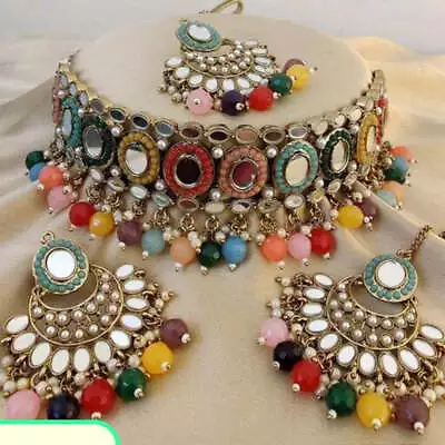 Bollywood Indian Multicolor Mirror Kundan Gold Plated Choker Necklace Jewelry • $18.37