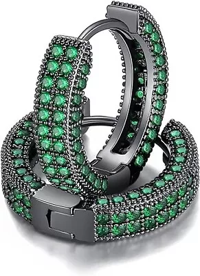 Fully Iced Rhodium Plated Micro Pave Black Green CZ Men Women Hoop Earrings • $13.95