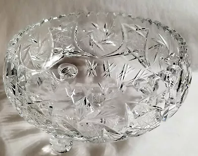 Vintage Bohemian Clear Cut Crystal 8 3/4  Saw Tooth Edge 3 Legged Serving Bowl • $95