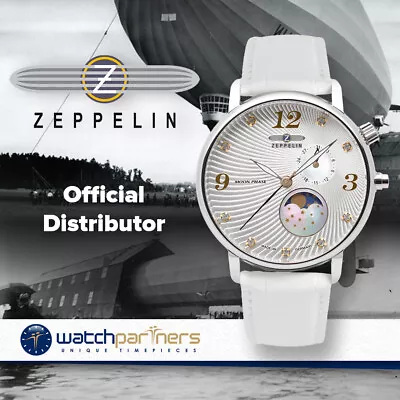 ZEPPELIN LUNA Ladies Watch Swiss Quartz Swarovski Moon Phase Silver Dial 7637-1 • $699