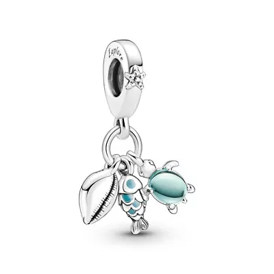 PANDORA Fish Sea Turtle & Conch Triple Silver Dangle Charm - 791697C01 • £23.63