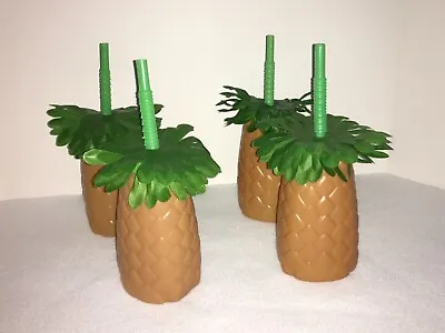 $9.95 • Buy Set Of 4 Pineapple 20 Oz Cups With Straws Tropical Drink Beach Luau Party NEW