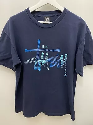 Vintage Y2K Stussy T Shirt Size L Navy Spellout Logo Essential Streetwear EUC • $25.50