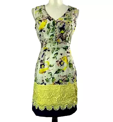 Esley Dress Womens Small Sleeveless Yellow Blue Floral V Neck • $15.90