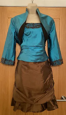 Linea Raffaelli Teal Brown Ruched Skirt Top & Bolero Size UK 12-14 42in BNWOT • £46.65