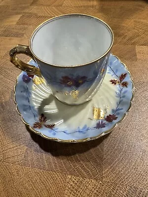 Vintage Antique Floral Small Mini Tea Cup And Saucer Blue White W/ Gold Color • $12.25