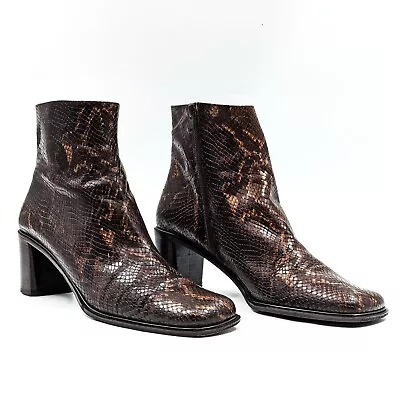 Via Spiga Women Snake Print Brown Leather Retro Vintage 90s Square Boots Sz 9 • $69