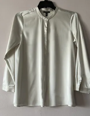 NWT $298 Eileen Fisher BONE Stretch Silk Charmeuse  Mandarin Collar Shirt M • $149.99