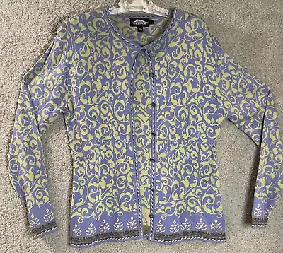 Icelandic Design Sweater Womens L Periwinkle Green Cardigan Fair Isle LS VTG • $37.87