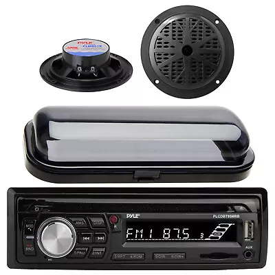 Pyle Black Marine Boat AM/FM Radio Stereo USB AUX Receiver W/Cover & 2 Speakers • $120.49