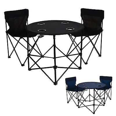 Camping Set 3PC Black Chairs And Table Outdoor Cup Holders Garden Navy Blue Fold • £24.99