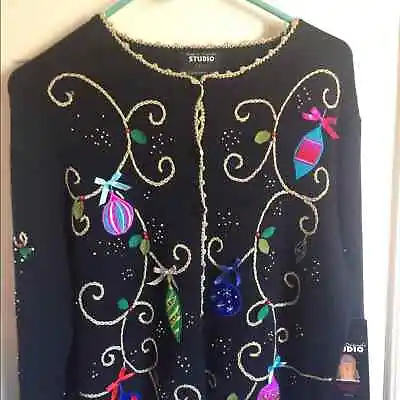 Design Originals Joy “ugly” Christmas Sweater L NEW Black Petite Gold Ornaments • $35