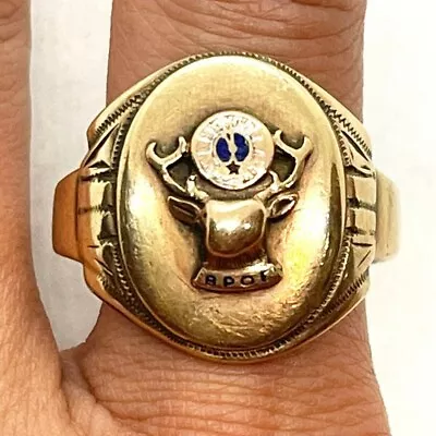 Antique Vintage OB 10k Yellow Gold Enamel Men's Ring Elk Club BPOE 9g Oval Large • $375